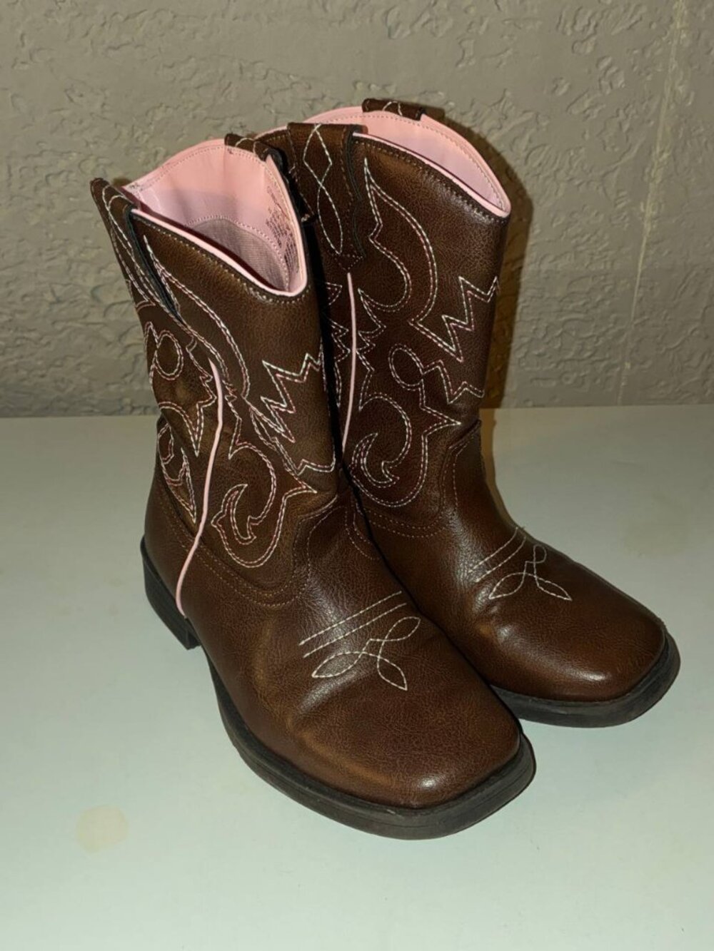 Wonder Nation Toddler Girl's Brown Square Toe Western Cowboy Boots Shoes - Sz 3